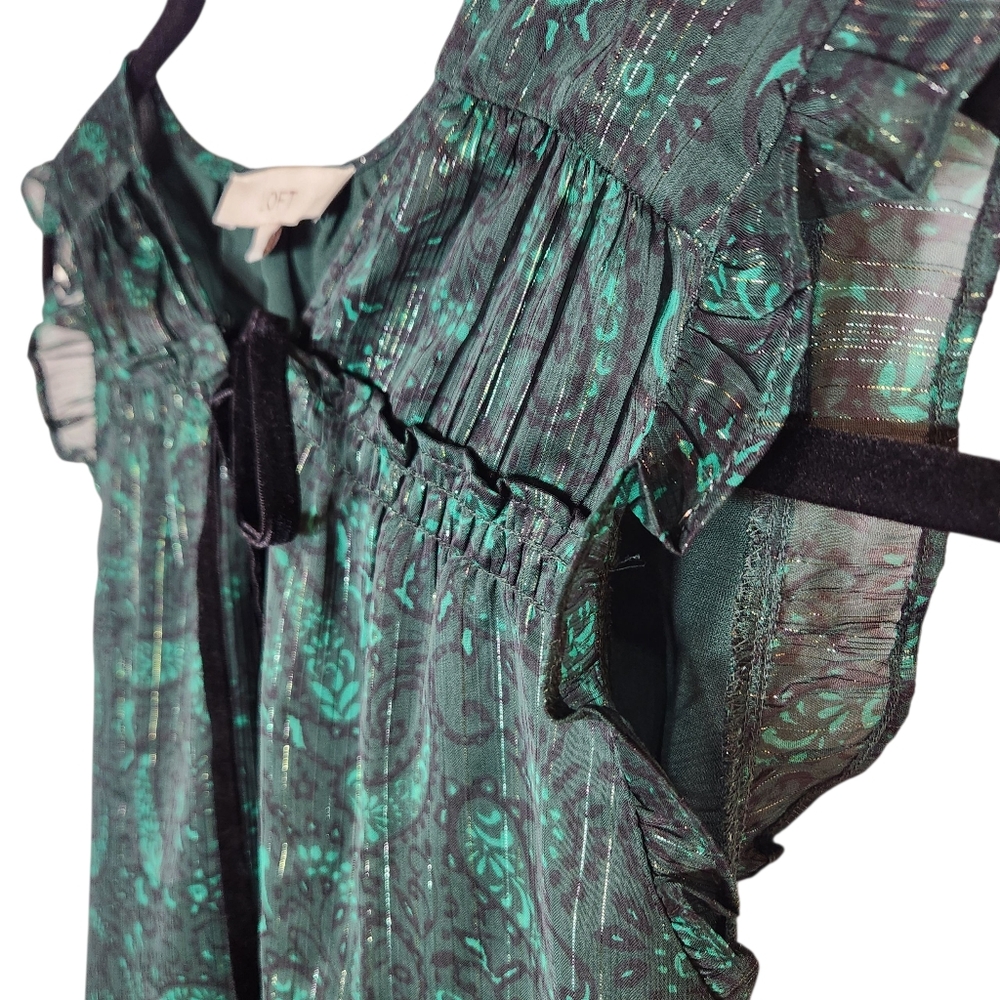 Loft Sheer Green Black Shimmer Velvet Tie Neck Ruffle Sleeveless‎ Blouse Top L - Picture 9 of 15